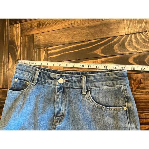 En Creme Denim Blue Jean Skirt Large Raw Hem Distressed Western Concert Festival - Picture 4 of 8